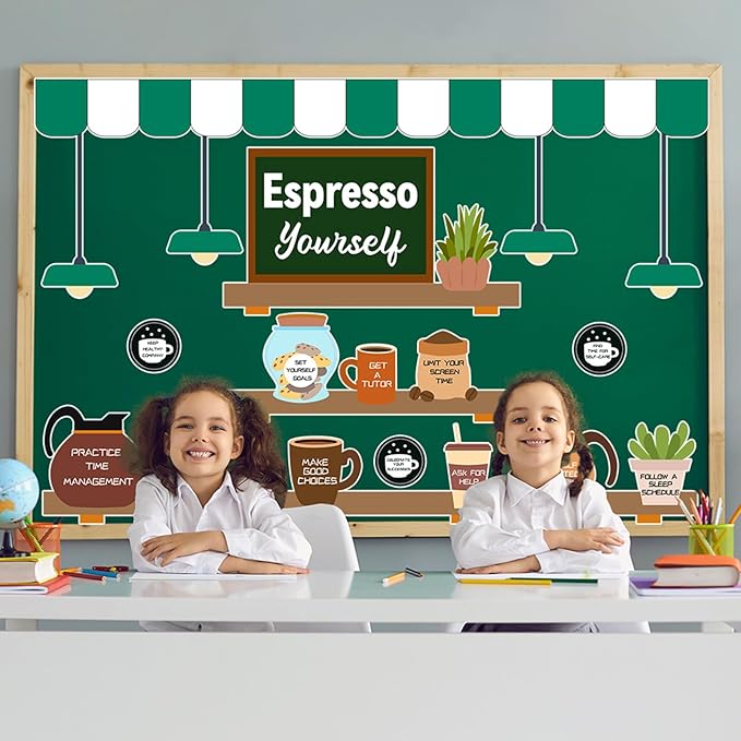 QOUBAI Coffee Bulletin Board Set Mental Health Classroom Bulletin Board Decorations Coffee Shop Motivational Cutouts Classroom Decorations for Back to School Office Home Chalkboard Decor Wall Door