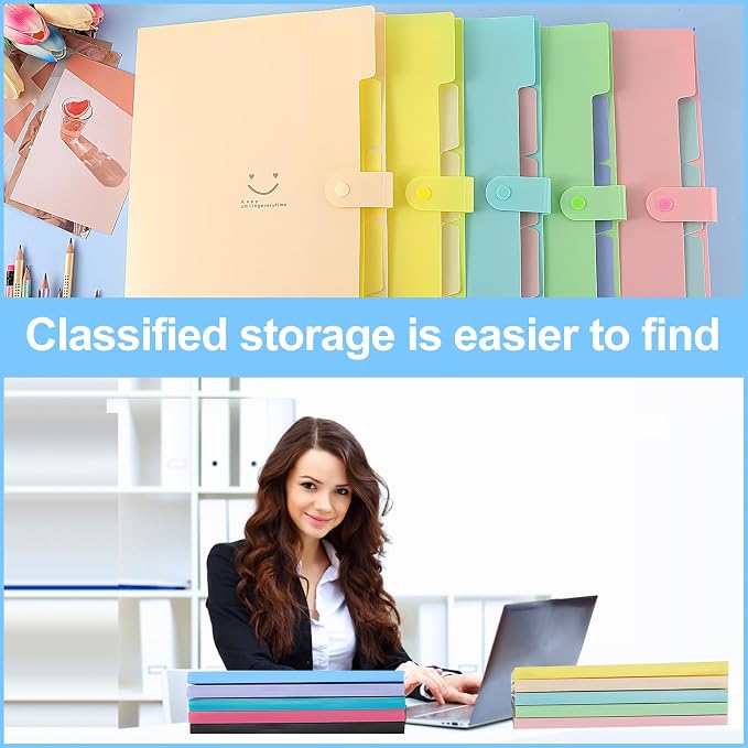 Expanding File Folders with 5 Pocket,A4 Letter Size Accordion Document Organizer,Plastic Expandable File Folder with Snap Closure, 120 Labels in 12 Colors for Office Supplies, Pack of 10