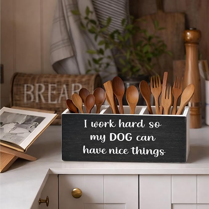 Dog Lover Desk Organizer Wooden Pen Pencil Holder for Desk, 3 Compartments Office Accessories, I Work Hard So My Dog Can Have Nice Things Funny Decor, Cute Puppy Theme Table Storage for Women Men