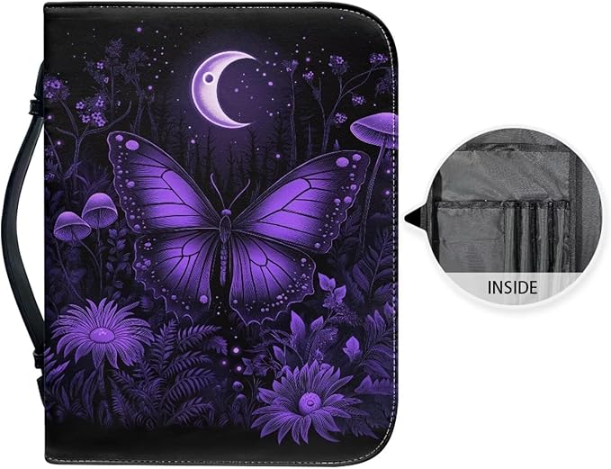 Purple Butterfly Bible Bag with Bible Cover Case for Women, Butterfly Print Bible Holder Case for Women Bible Study Accessories-Size 2XL