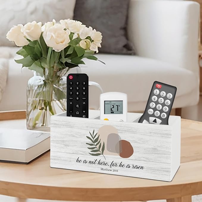 Boho Easter Christian Pen Pencil Holder Organizer for Desk Accessories, He Is Risen Bible Verse Wooden Box Sign Desk Decor for Home Office Decoration, Religious Easter Decor