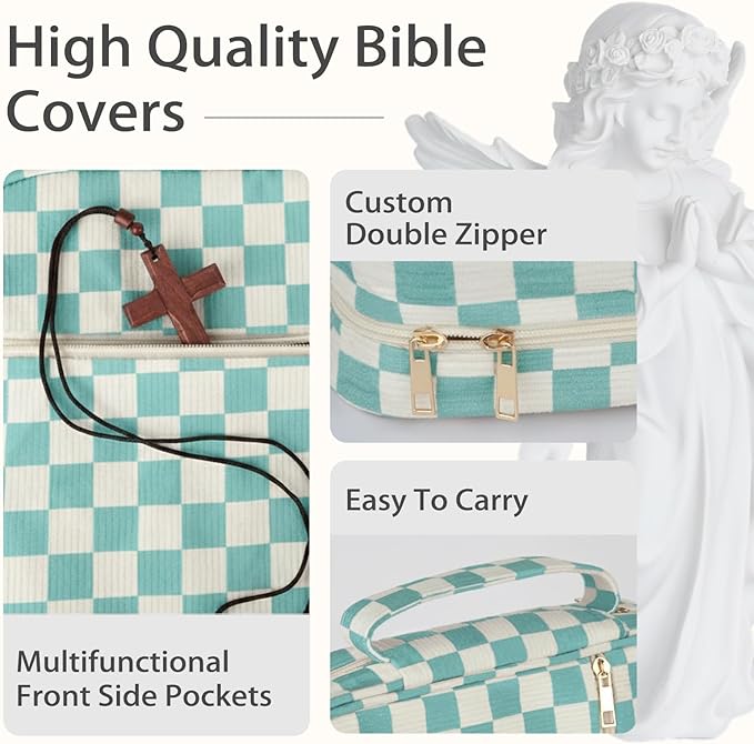 Bible Cover Case for Women Corduroy Bible Case for Girls Large Bible Cover with Handle Bible Study Supplies Accessories Christian Gifts for Women (Blue-Checkered, Medium)