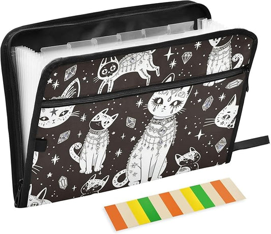 Witch's Cat Expanding Accordion File Folder with 13 Pockets and Zipper Closure