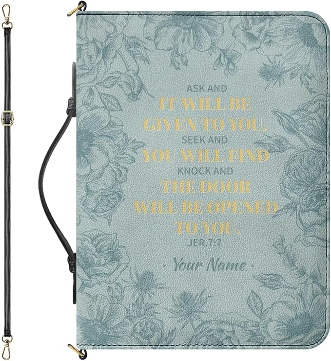 Custom Bible Covers for Women, Floral Teal Design with JER 7:7 Inspirational Bible Verse PU Leather Bible Case with Zipper, Handle & Detachable Adjustable Strap, Large