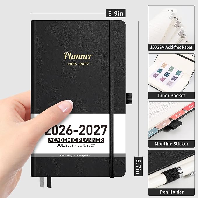 AHGXG Pocket Calendar 2026-2027, July 2026 - June 2027, Academic Planner, Weekly and Monthly, Small Size for Purse, Hardcover, 12-Month Tabs, for Women, School, 3.9"X 6.7" (Black)