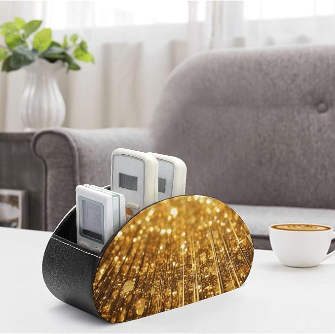 Gold Bling Remote Control Holder with 5 Compartments Leather TV Remote Caddy Remote Storage Box Desktop Organizer for Pen/TV Remotes/Media Controllers/Office Supplies