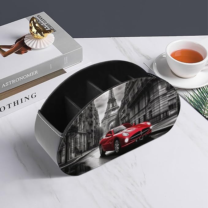 City Street Red Car Remote Control Holder TV Remote Caddy with 5 Compartments PU Leather Storage Box Stylish Desk Organizer for TV/DVD/Accessories Desk Office Supplies Home