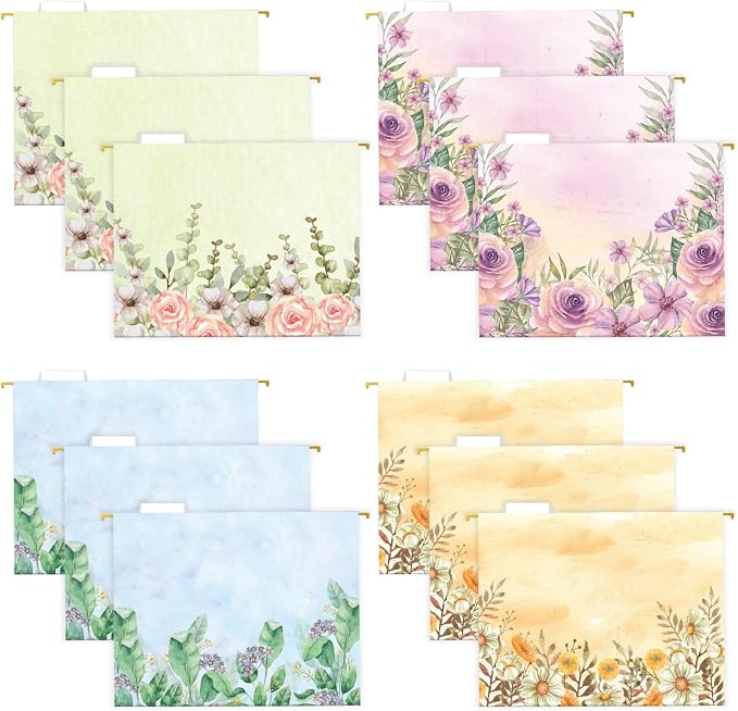 Global Printed Products Deluxe Designer Printed Hanging File Folders, 4 Patterns, Letter Size, 12/pk (Watercolor Floral)