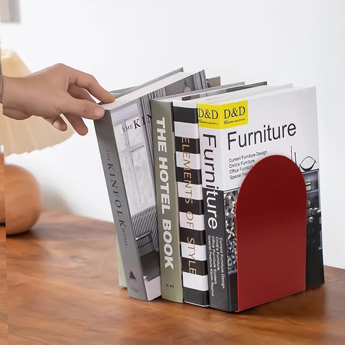 Lulonpon 8 Pieces Book Ends, Bookends, Books Stand, Metal Bookend for Shelves, Red Book Ends for School, Library, Desktop Organizer