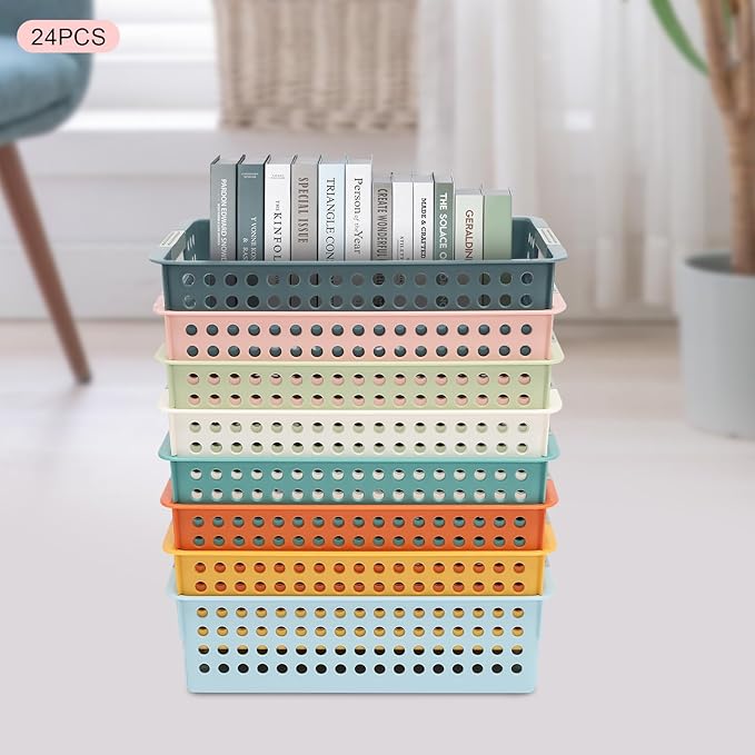 24 Pack Plastic Storage Baskets - Colorful Paper Organizer Baskets Plastic Shelf Bins with Handles, Classroom Office File Holder for Home Office School