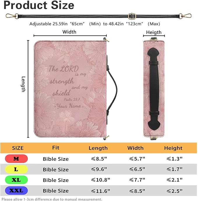 Custom Bible Cover for Women, Personalized Bible Carrying Case with Name, Psalm 28:7 Print PU Leather Biblia Carrier with Strap Handle Inner Pockets and Pen Loop, Christian Gifts for Women