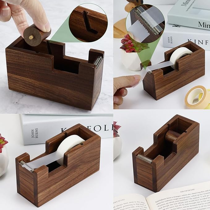 Buqoo 6-Piece Walnut Wood Desk Organizer Set - Pen Holder with Acrylic Insert, Tape Dispenser, Sticky Note Holder, Paper Clip Holder for Home Office School Supplies