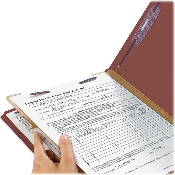 Smead Pressboard Classification File Folder with SafeSHIELD Fasteners, 1 Divider, 2" Expansion, Letter Size, Red, 10 per Box (13775)