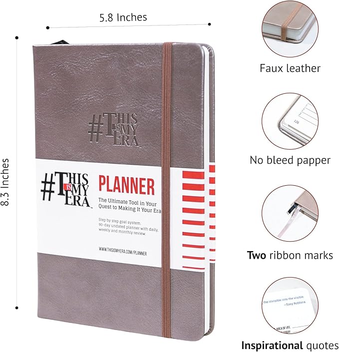 This Is My Era 90 Day Planner, Undated Weekly and Monthly Planner, Life Organizer | Goals Journal, Undated Agenda, Leather & Hard Cover Planner (1 Pack, Gold)