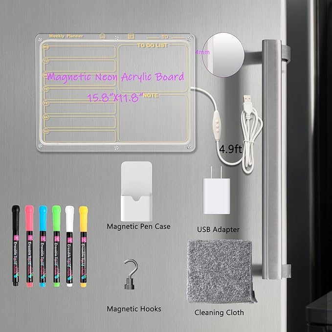 Acrylic Magnetic Weekly Board for Fridge with Colorful Light,16"x12" Clear Fridge Memo Dry Erase Magnetic Weekly Planner Set for Refrigerator,Glass,Wood Wall,Office with 6 Colors Markers