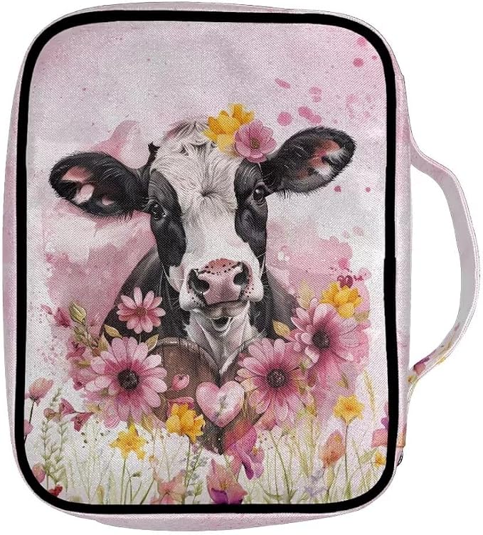 Coldinair Cow Bible Cover Case for Women,Pink Floral Carrying Book Cover Bible Holders with Handle and Zippered Pocket,Fits for Standard/Large Size Bible