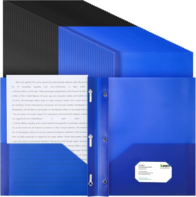 Cholemy 72 Packs Pocket Folders with Prongs Heavy Duty Plastic Folder with Business Card Slot 3 Prong Fasteners for School Office (Black,Blue)