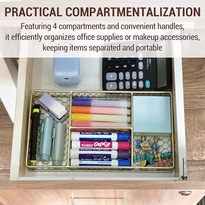MyGift 4 Compartment Vintage Brass Tone Metal Chicken Wire Desk Organization Tray with Handles, Office Desktop Supplies Storage or Makeup Accessories Drawer Organizer