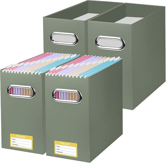 BALEINE File Organizer Box, Cardboard File Folder Organizer with Handle for Letter Size, Portable Collapsible Hanging Filing Box for Home Office Document Storage (4 Pack,Olive)