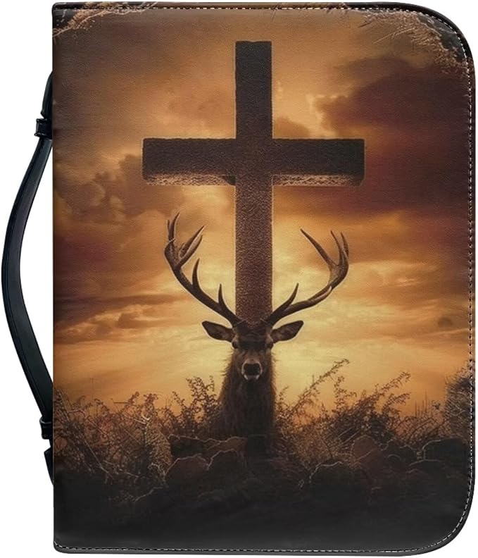 Print PU Bible Cover – Personalized Leatherette Bible Covers and Carrying Case with Handle, Men Bible Case,Deer and Cross,X-Large