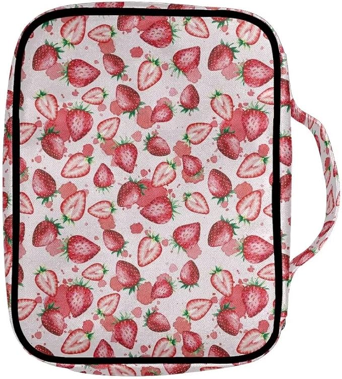 Coldinair Strawberry Bible Cover for Women Nylon Bible Holder Carrier Carrying Organizer Bible Bag, Zipper and Pockets for Standard Large Size Bible
