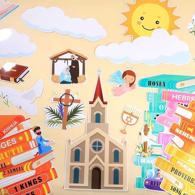 gisgfim Books of The Bible Bulletin Board Decorations Set Back to School Classroom Religious Paper Cutouts Colorful Christian Jesus Bulletin Board Decor for Sunday School Nursery VBS Chalkboard Wall