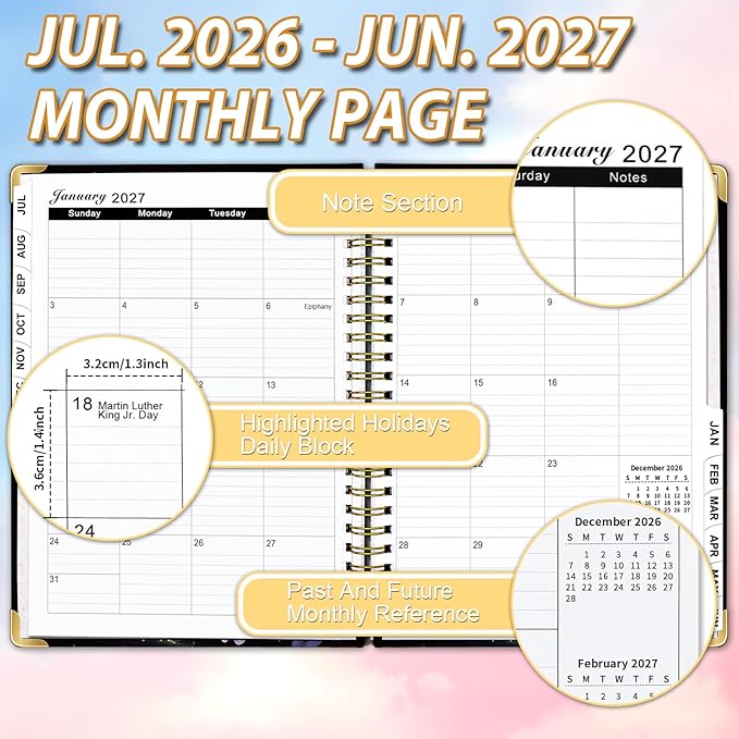 2026-2027 Planner Weekly and Monthly, Jul.2026 - Jun.2027, 6.3" X 8.5" Daily Planner Spiral Bound, Academic Planners with Monthly Tabs, Inner Pocket for Women Men