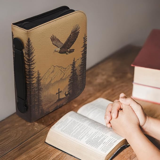Bible Cover for Men, Bible Carrying Book Case, Protective Bible Organizer Holder Bag with Handle and Zippered Pocket, Christian Gift for Boy (Bald Eagle Cross & Deer, XXL)