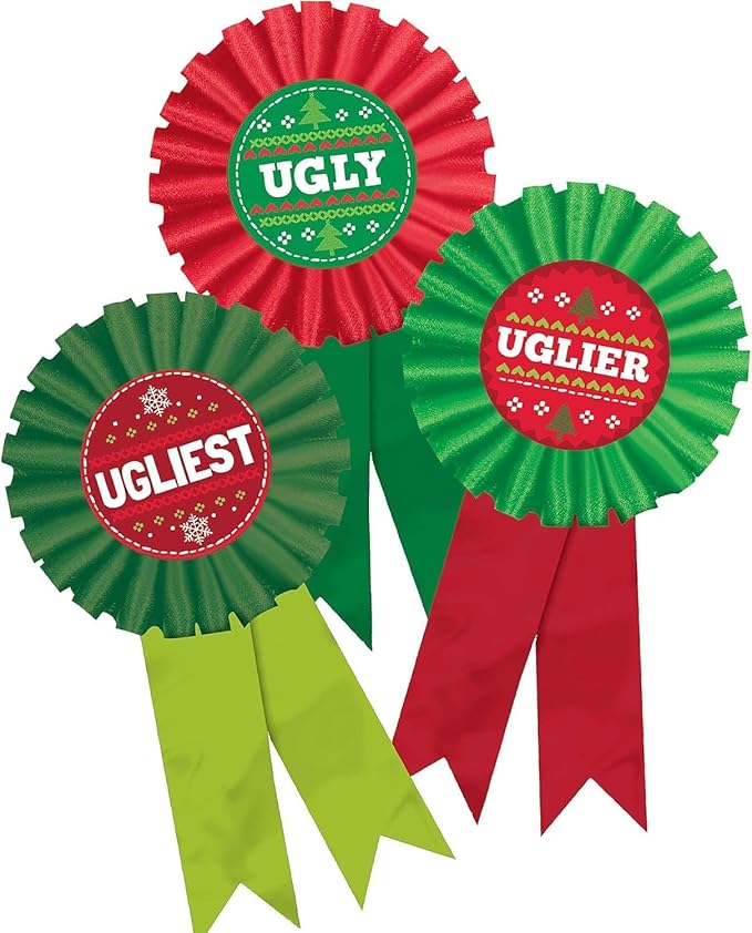 Festive Green & Red Ugly Sweater Contest Award Ribbon -3" x 6" (Set of 3) - Show-Stopping Ribbons - Perfect for Unforgettable Holiday Party Fun & Recognition