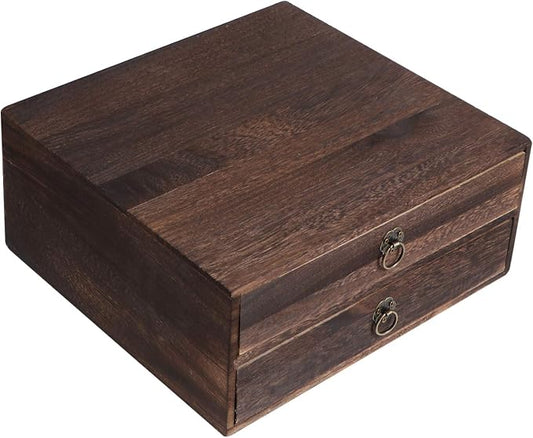 Cabilock Wooden Desktop Drawer Organizer Retro Storage Box with Pull Ring Vintage Style for Office and Home Desk Accessories 10.03X9.64X4.33 Inches