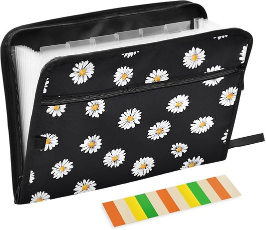 Expanding File Folder White Daisy Flower Black Accordion File Organizer 13 Pockets Document Organizer with Zipper Labels A4 Letter Office Storage