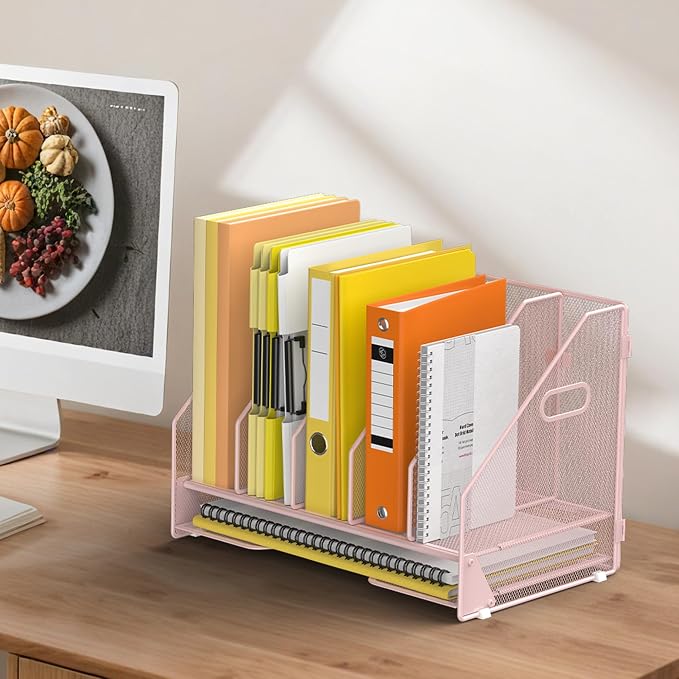 Docnest Desk File Holder Sorter, 5 Vertical Compartments Rack with Letter Tray, Mesh Magazine File Holder with Handle,Workspace Organizers,Desk Organizers for Paper, Mail, Documents-Pink