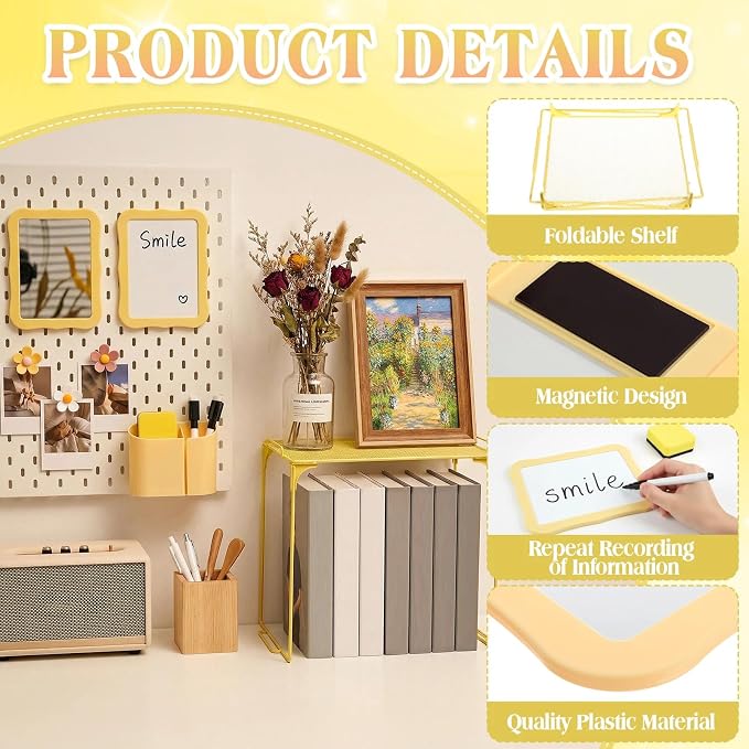 Colarr 16 Pcs Yellow Locker Accessories for Girls Includes Magnetic Whiteboard & Mirror Locker Shelf Pen Holder 2 Dry Erase Marker & Eraser 9 Flowers for Back to School Essentials Decoration