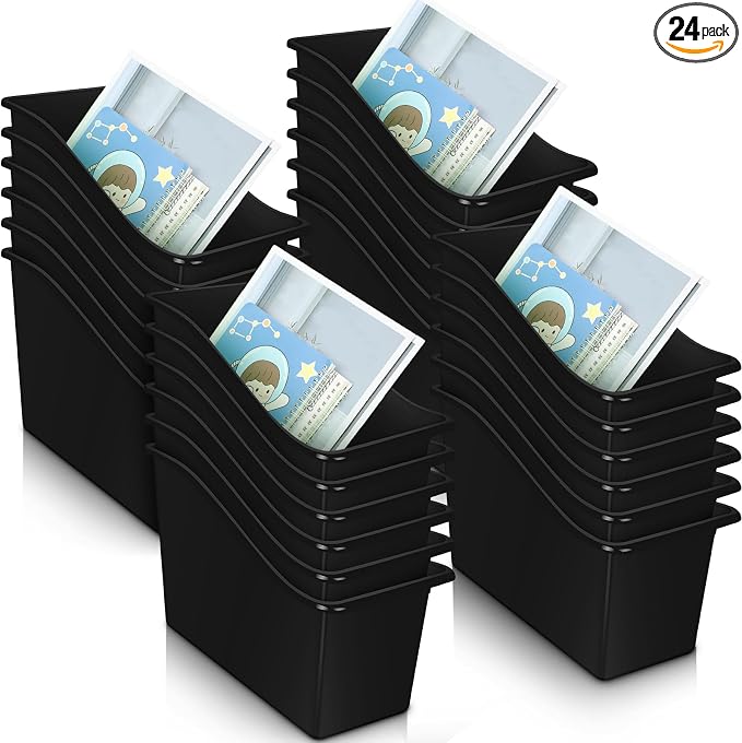 Fuutreo 12 Pieces Book Bins for Classroom Plastic Binder Holder Magazine Stuff Folder File Organizer Box for Home Office School Supplies(24 pcs,Black)