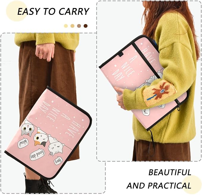 Kawaii Cats Pink Expanding File Folder with Sticky Labels, 13 Pockets Accordion File Folder Document Organizer Expandable Zip File Folder with Zipper Closure