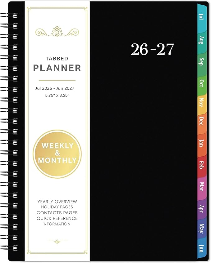 Planner 2026-2027 - Academic Planner 2026-2027, July 2026 - June 2027, 6.3" x 8.4", 26-27 Planner Weekly and Monthly, Colorful Tabs, PP Cover, A5 Thick Paper, Twin-Wire Binding - Black