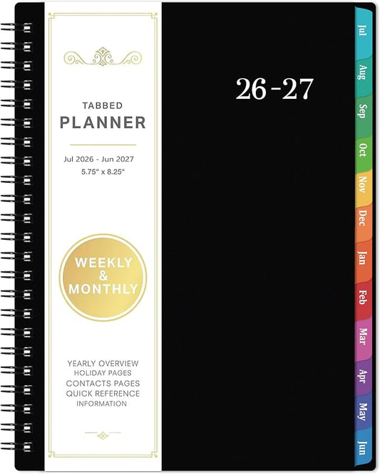Planner 2026-2027 - Academic Planner 2026-2027, July 2026 - June 2027, 6.3" x 8.4", 26-27 Planner Weekly and Monthly, Colorful Tabs, PP Cover, A5 Thick Paper, Twin-Wire Binding - Black