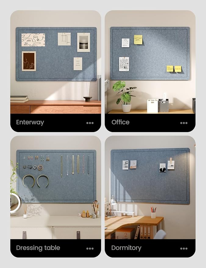 Fluxynara Bulletin Board,35.4" x 23.6" Cork Board Alternative with 12 Safe Removable Adhesive Tabs, Foldable Felt Pin Board for Home Office, Classroom, Bedroom,Entryway for Walls— Blue Gray