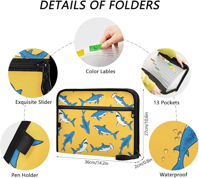 Hand-Drawn Sharks File Folders, Plastic Folders with 13 Pockets, Expandable File Folder for Documents School Students Office, Aesthetic Folder with Labels A4 Letter Size