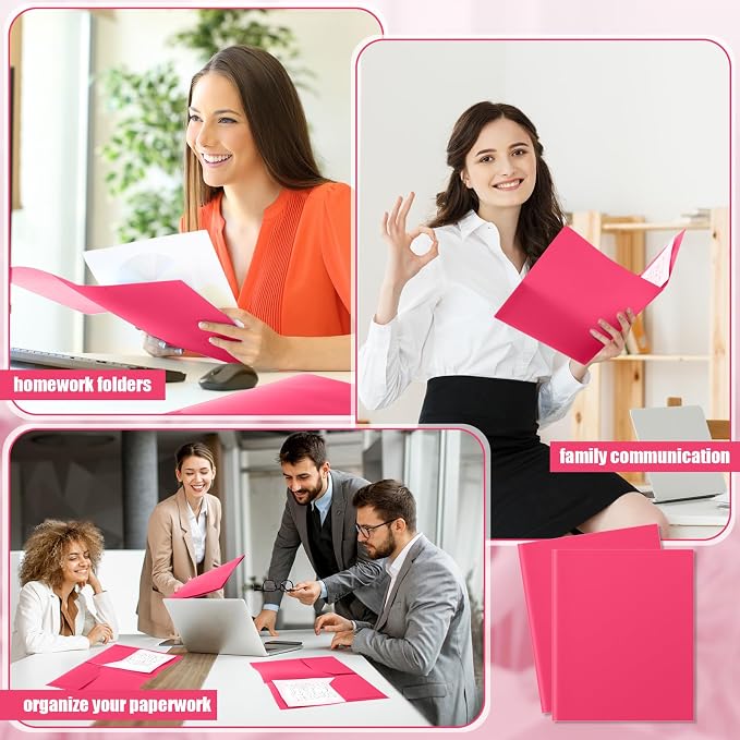 Gueevin 100 Pack Plastic Folder with Pockets, 2 Pocket Folders, Plastic Glossy Folders Fit Letter Size Paper, Heavy Duty Durable File Folder with Business Card for Home Office School (Hot Pink)