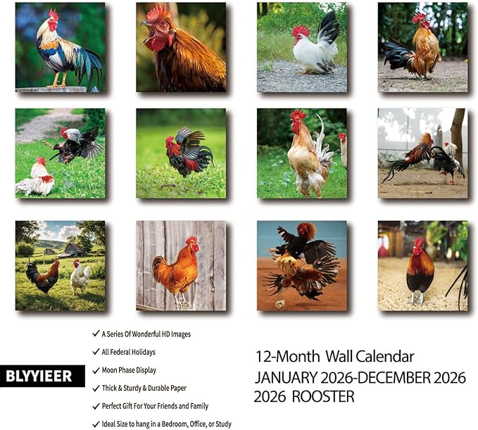 2026 Wall Calendar,Calendar 2026,Rooster Monthly Wall Calendar, 12" x 24" Open,Family Planner Calendar, Home & Office Organizer,Hangable