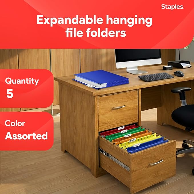 Staples Poly Expanding Hanging File Pockets, Letter Size, Assorted Colors, Durable Poly Construction – 5/Pack