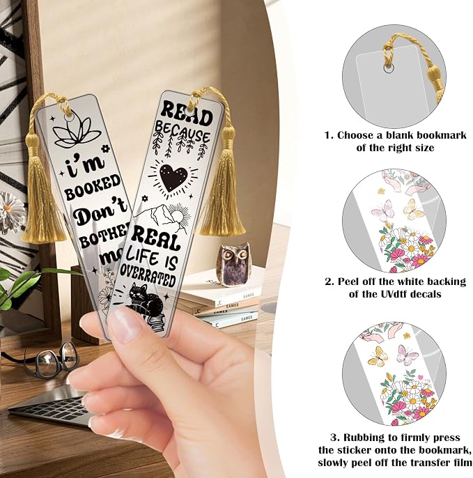 AFRITEE UV DTF Bookmark Wraps - 24 Sheets Books and Coffee Funny Blank Bookmark UV DTF Stickers for Women, Bohemian Floral Butterfly Transfer Sticker DIY Bookmarks Decorative Gifts for Book Lovers