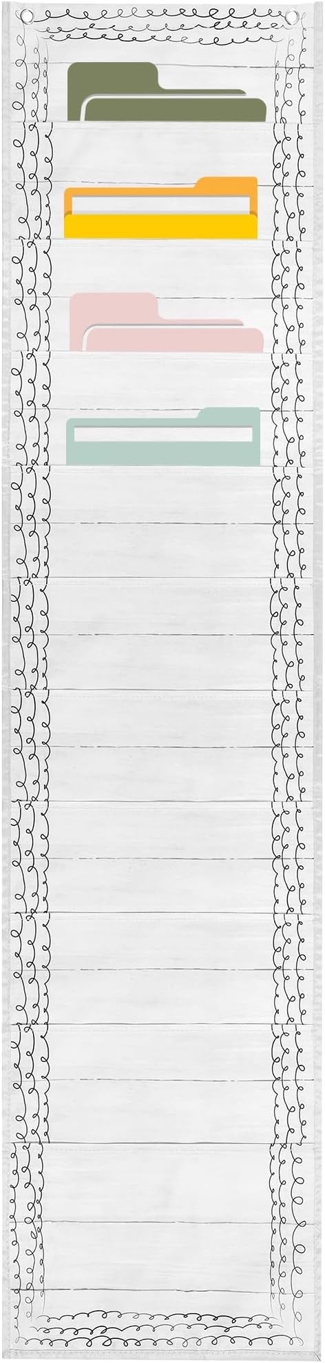 MotiMind 10 Pockets Wall Hanging File Folders File Storage Pocket Chart for Classroom Hanging Wall Organizer with 2 over the Door Hangers, 58" x 14" for School Classroom Office Home(Retro)