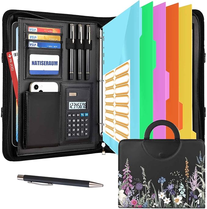 Portfolio Binder 3 Ring Includes Pen and 5 Dividers with 10 Pockets, Padfolio Organizer with Magnetic Handle for Men and Women, Includes A4 Notepad for Business, School, Work
