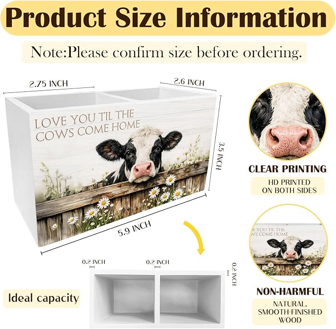 Farmhouse Daisy Floral Cow Pen Holder for Desk, Cow Lover Gifts Pencil Organizer, Love You Til the Cows Come Home Wooden Box Sign Desk Decor for Kids Girls Room Nursery Decoration
