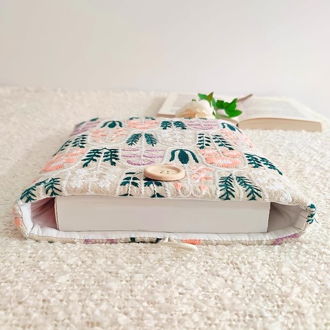 Floral Embroidered Canvas Book Sleeve - Elegant Book Cover, Padded Protector for Paperbacks & Hardcovers, Ideal for Book Lovers, Wooden Button (Garden)