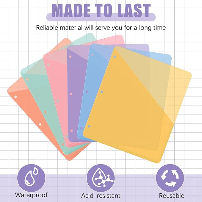 Maitys 30 Pack Binder Pockets 3 Hole Punch Clear Plastic Document Folders Binder Organizer Store Letter Size 8.5x11 Inch Paper Folders with Pockets Slash File Jacket for Office (Light Color)