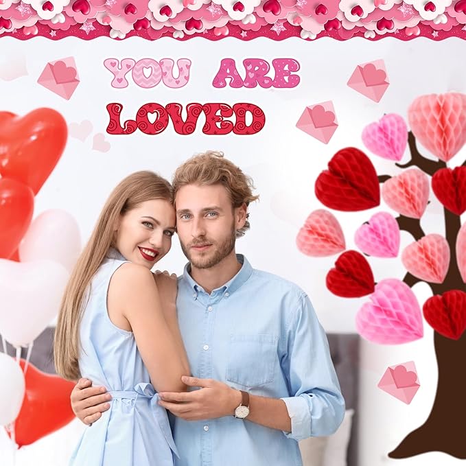 Fuutreo 53 Pcs You are Loved Tree Bulletin Board Classroom Decorations Set Heart Honeycombs Cutouts with Glue Points Envelope Pink Bulletin Border for School Home Wall Wedding Indoor Supplies