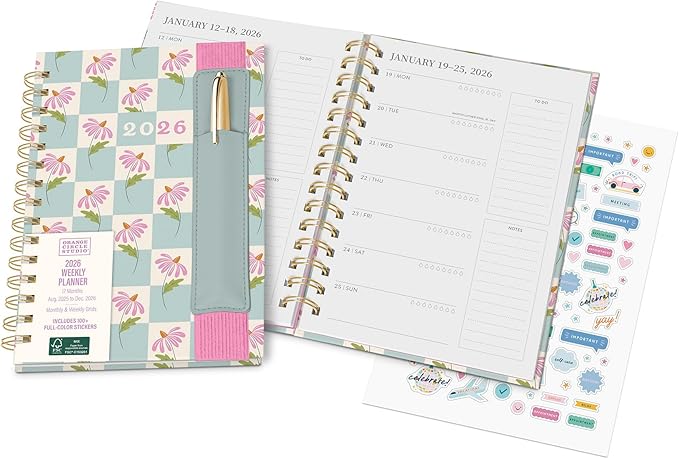Orange Circle Studio Academic Planner 2026, Coneflower, 17-Month Oliver Planners, Wire-O Bound Monthly Calendar Book, Appointment, Goal & Budget Trackers, Includes 100 Full Color Stickers